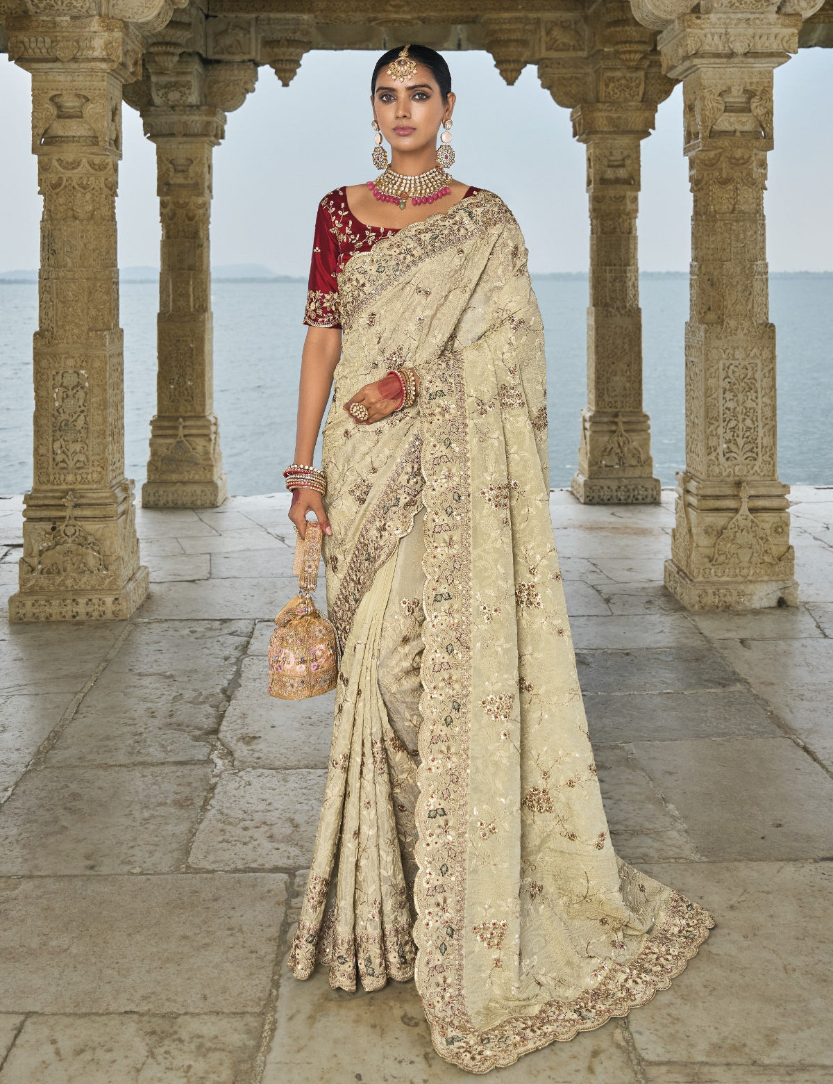 Buy Beige Banarasi Saree Online-STORI