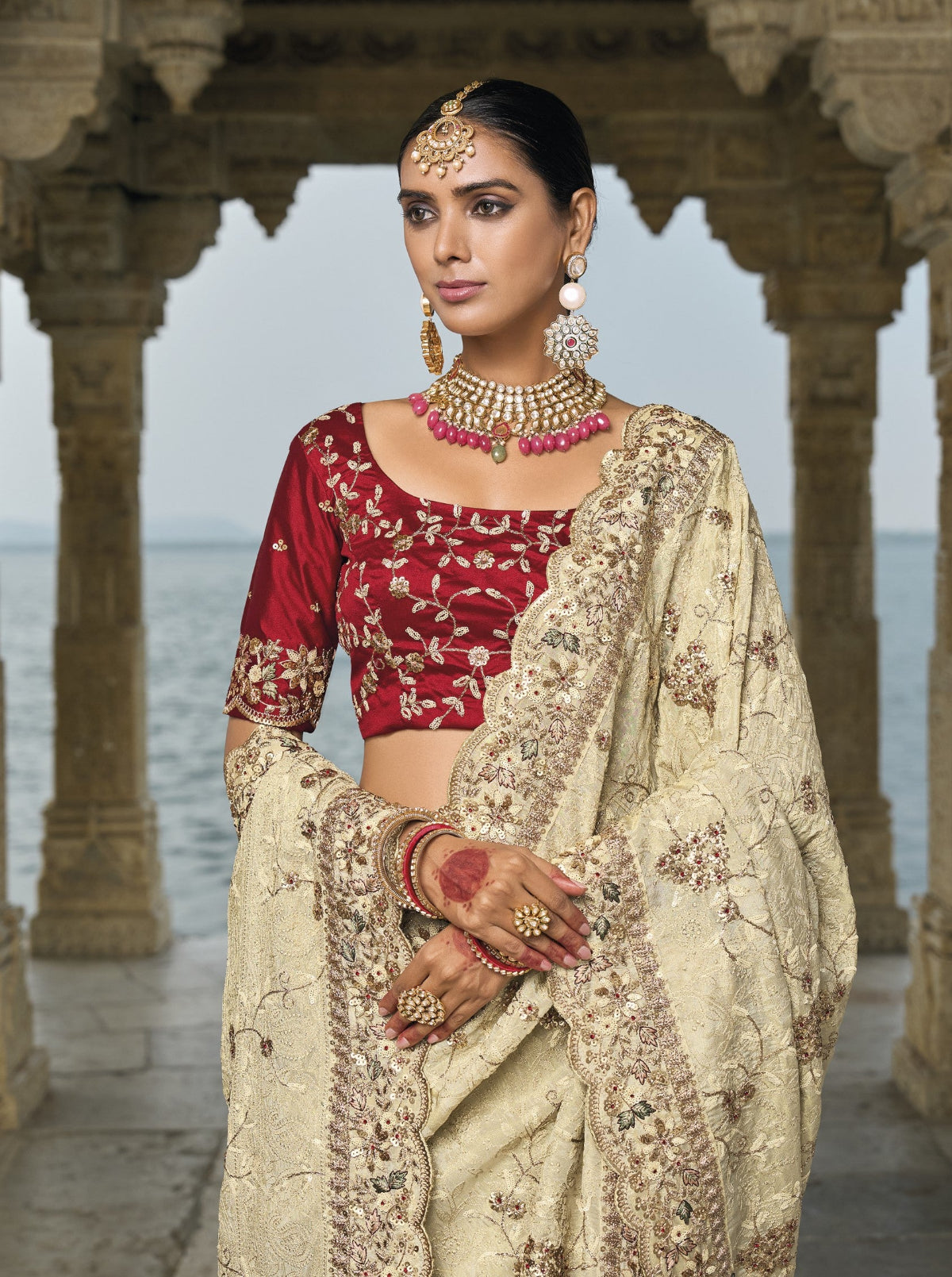Buy Beige Banarasi Saree Online-STORI