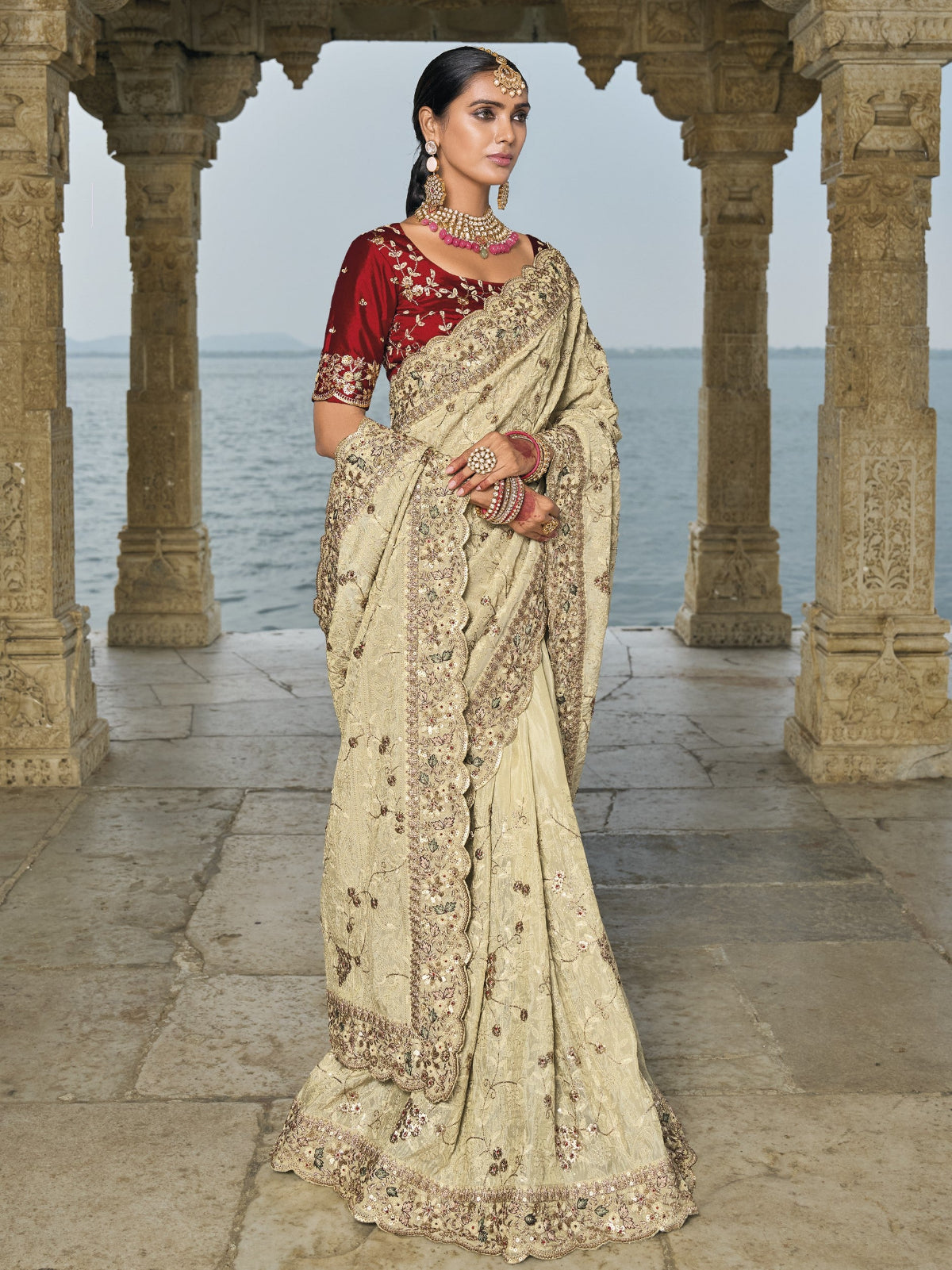 Buy Beige Banarasi Saree Online-STORI