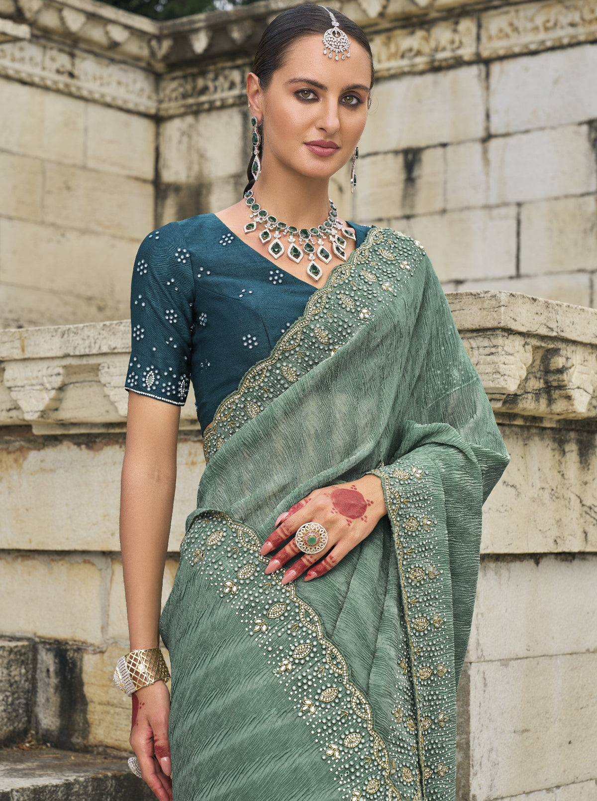 Shop Green Banarasi Silk Saree Online-STORI