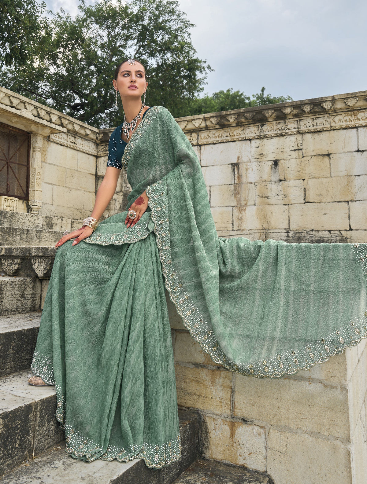 Shop Green Banarasi Silk Saree Online-STORI