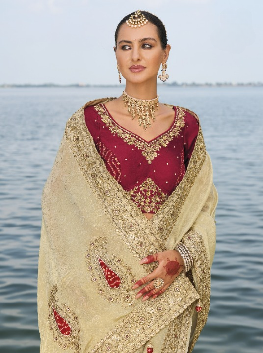 Buy Cream Banarasi Silk Saree Online- STORI
