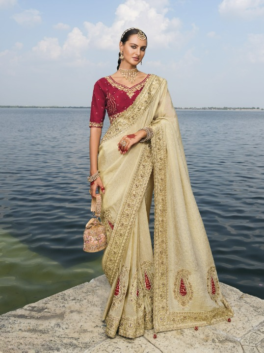 Buy Cream Banarasi Silk Saree Online- STORI