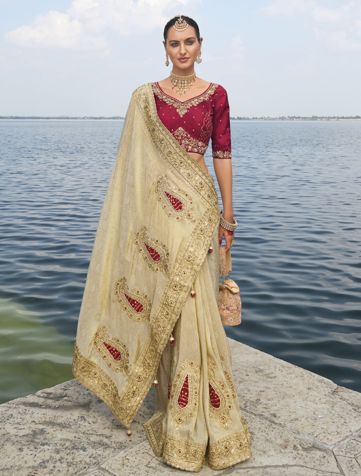 Buy Cream Banarasi Silk Saree Online- STORI