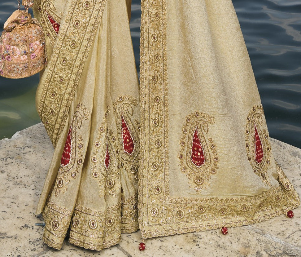 Buy Cream Banarasi Silk Saree Online- STORI