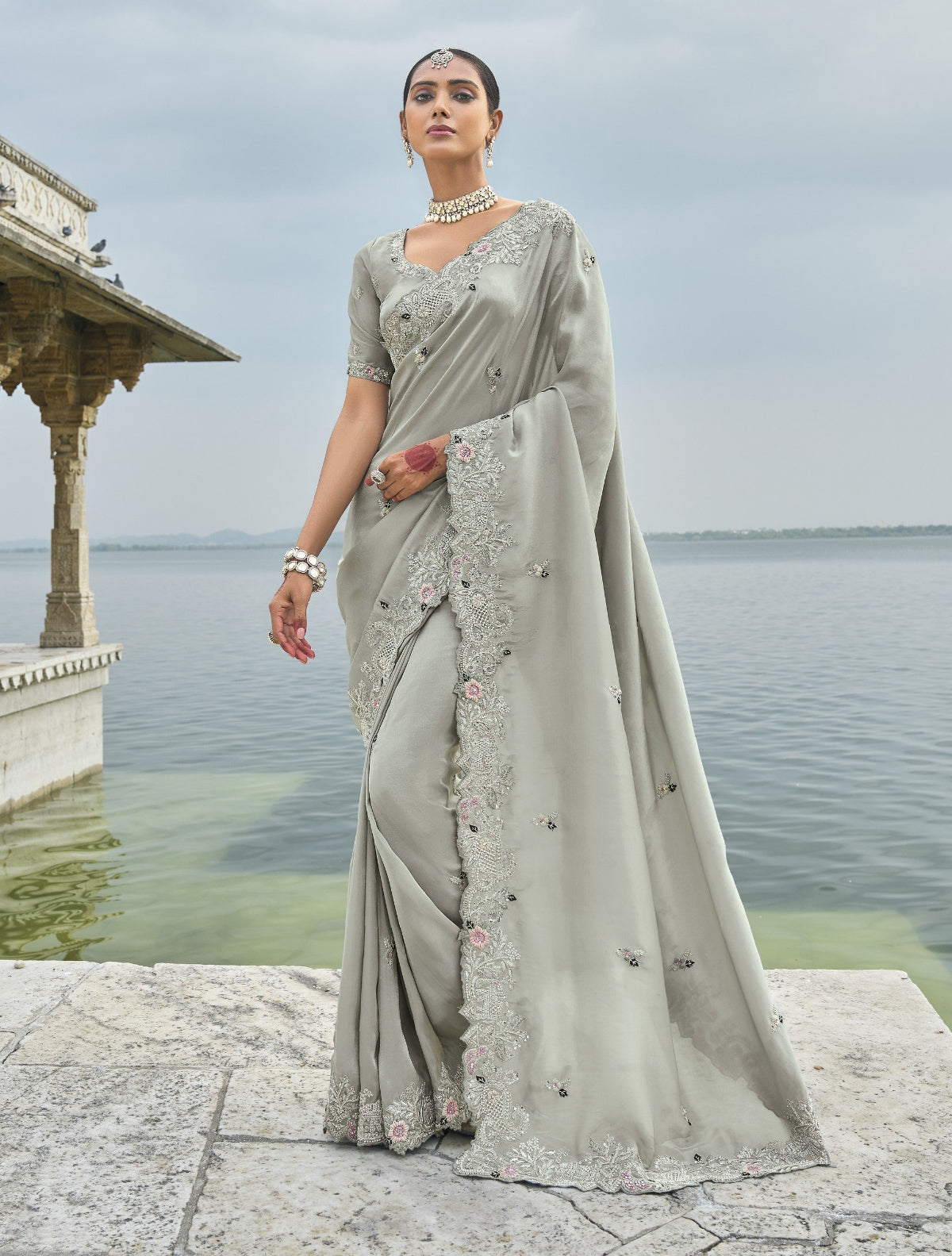 Shop Grey Banarasi Silk Saree Online-STORI