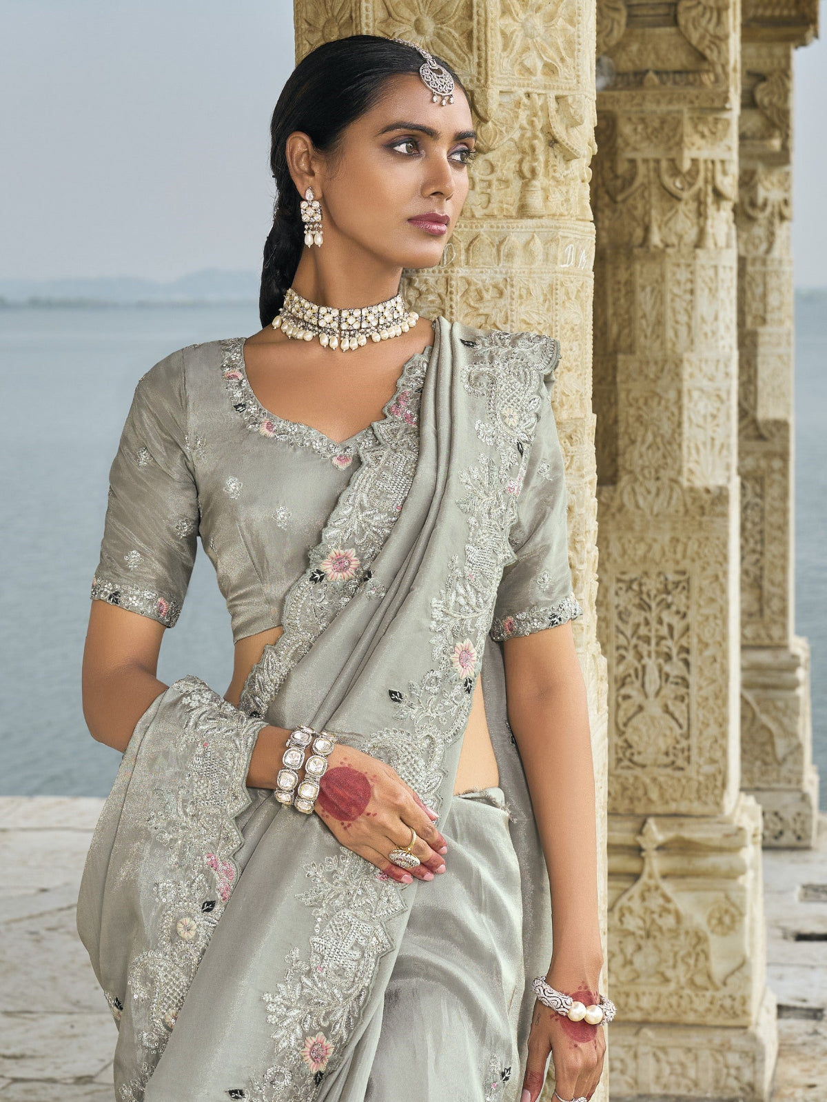 Shop Grey Banarasi Silk Saree Online-STORI