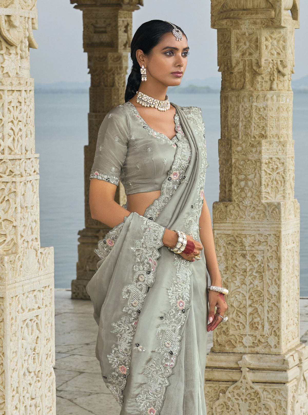 Shop Grey Banarasi Silk Saree Online-STORI