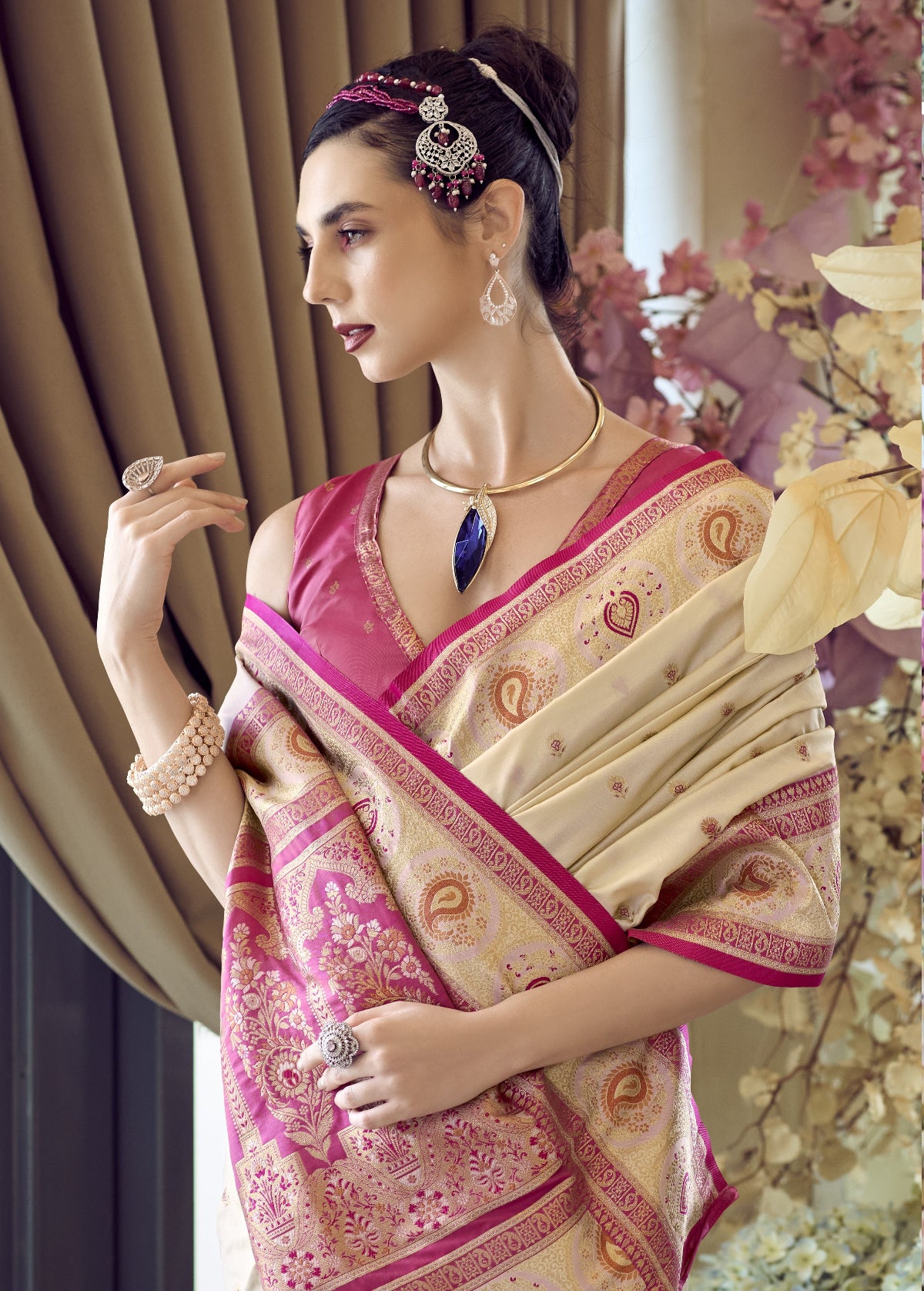 Beige Banarasi Saree Shop Online-STORI
