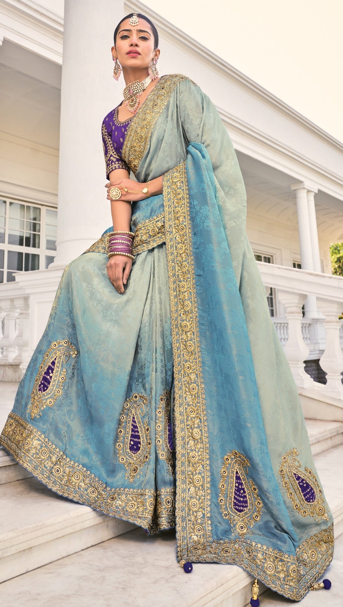 Buy Blue Banarasi Silk Saree Online-STORI