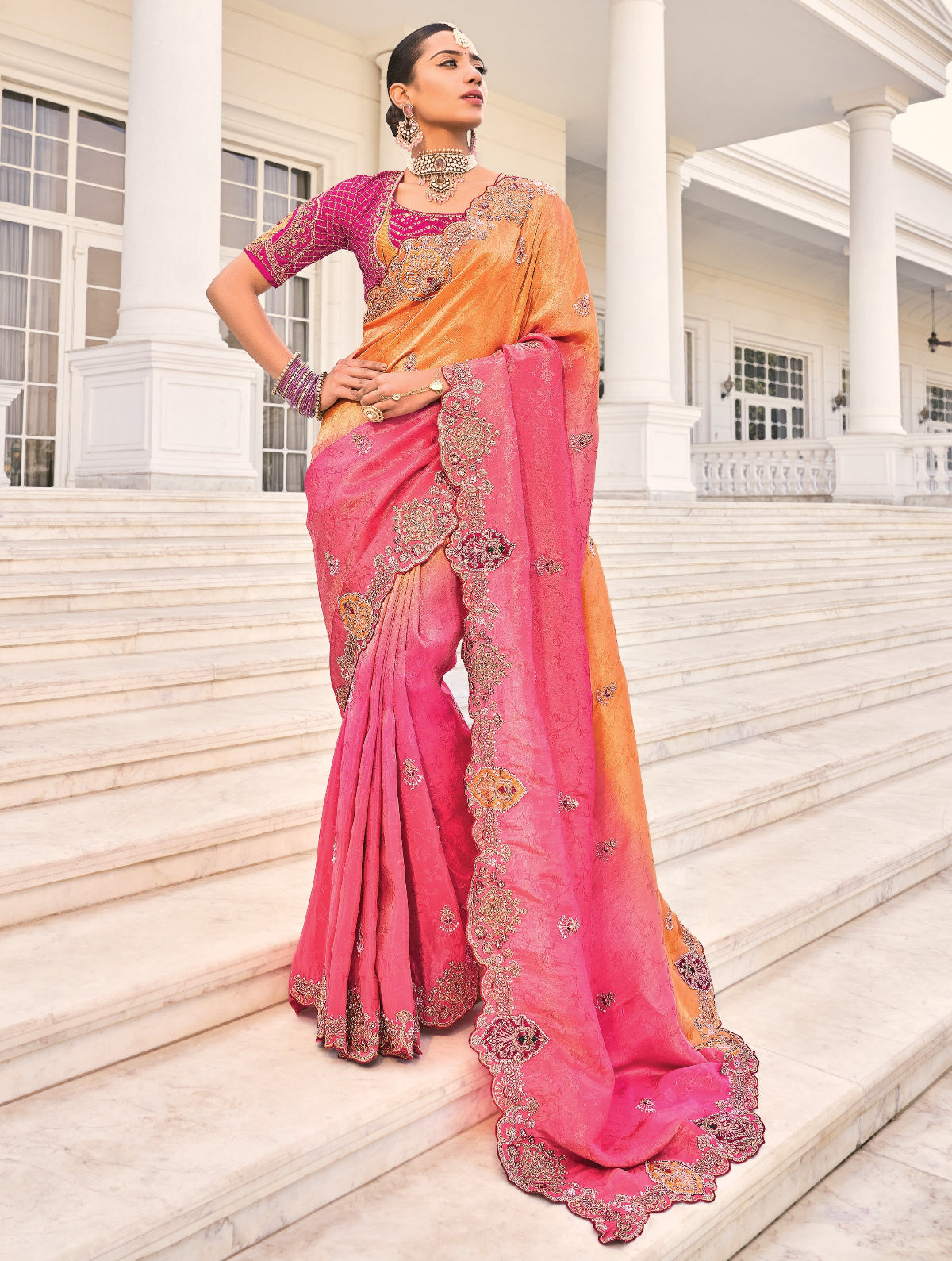 Shop Peach Banarasi Silk Saree Online-STORI