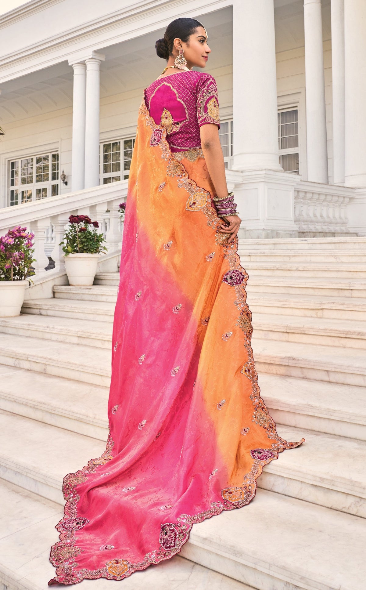 Shop Peach Banarasi Silk Saree Online-STORI