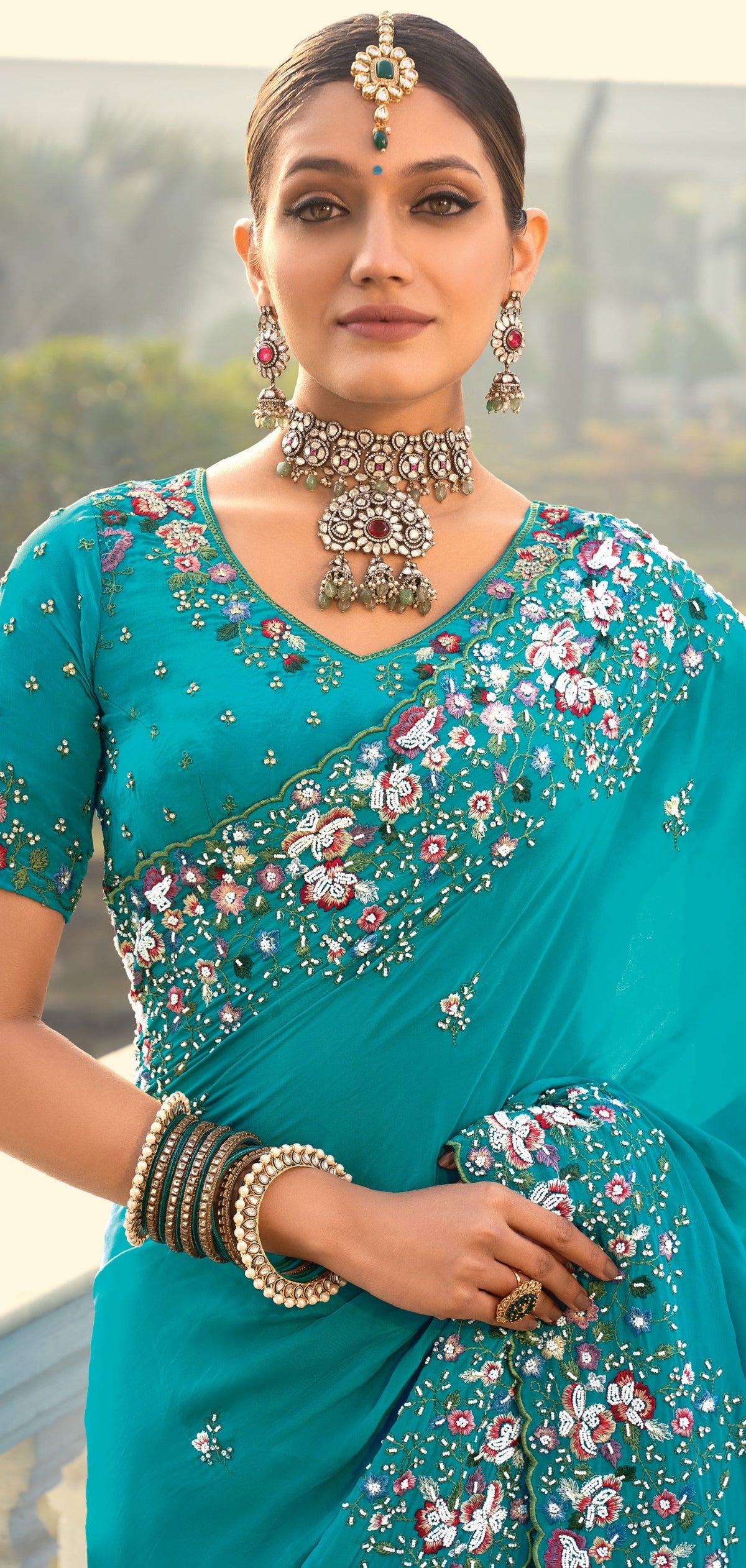 Buy Firozi Banarasi Silk Saree Online-STORI