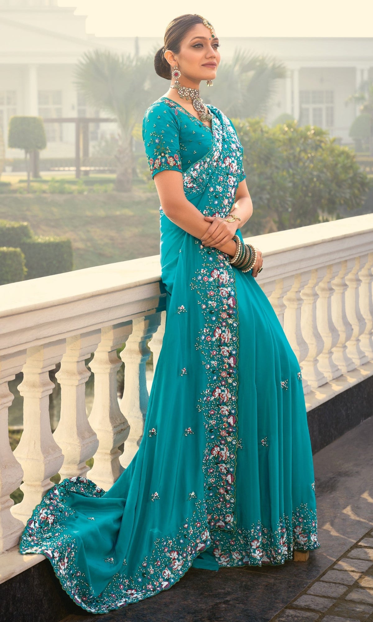 Buy Firozi Banarasi Silk Saree Online-STORI