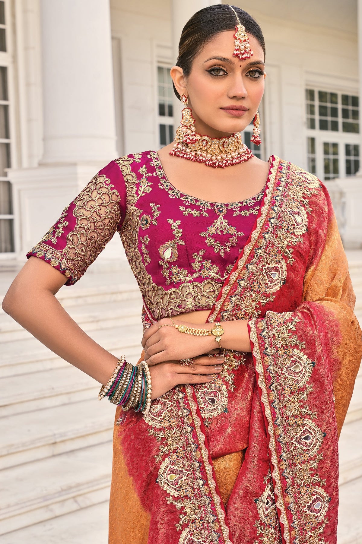 Shop Peach Banarasi Silk Saree Online-STORI