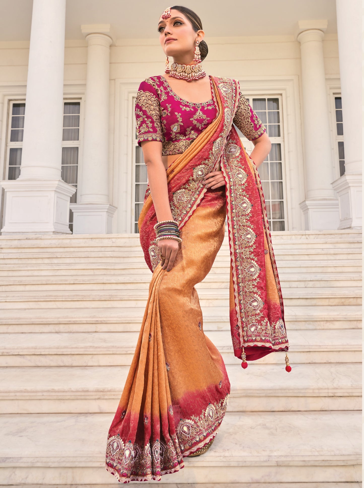 Shop Peach Banarasi Silk Saree Online-STORI