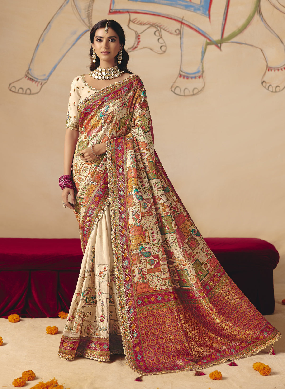 STORI Off White Woven Banarasi Silk Saree