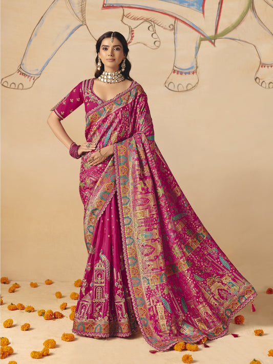STORI Megenta Pink Woven Banarasi Silk Saree