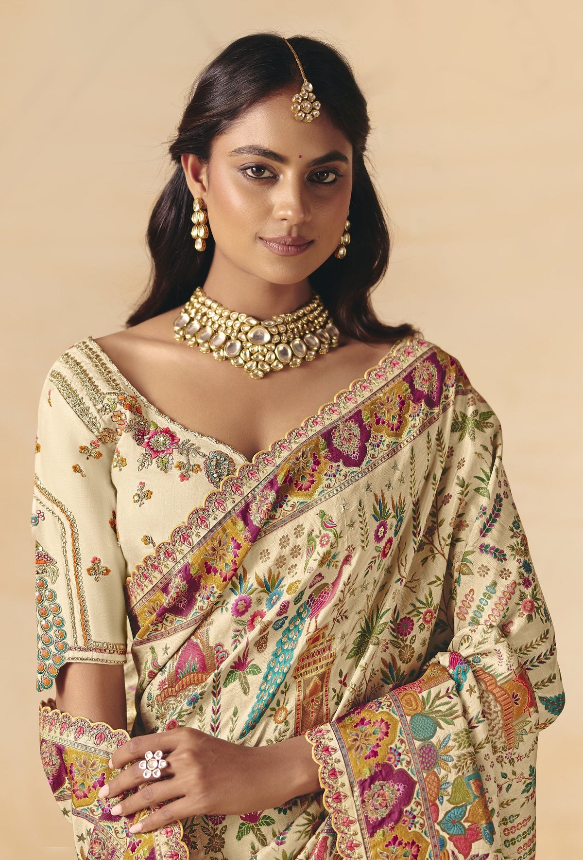 STORI Cream Woven Banarasi Silk Saree