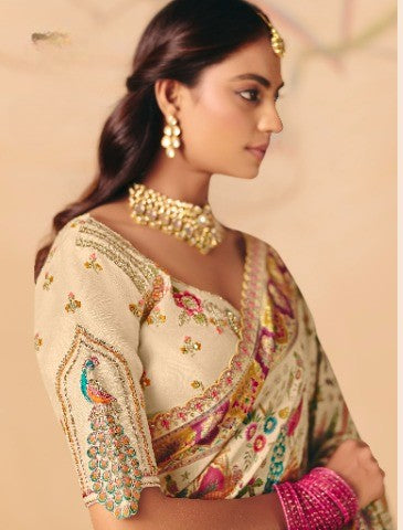 STORI Cream Woven Banarasi Silk Saree