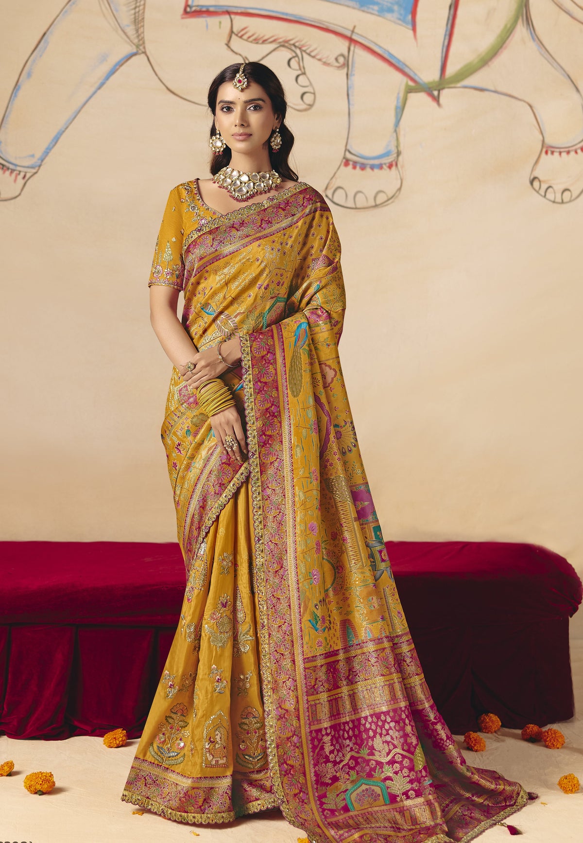 STORI Mustard Yellow Woven Banarasi Silk Saree