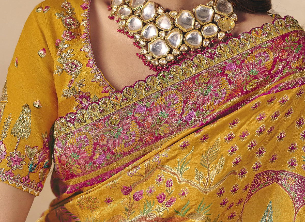 STORI Mustard Yellow Woven Banarasi Silk Saree