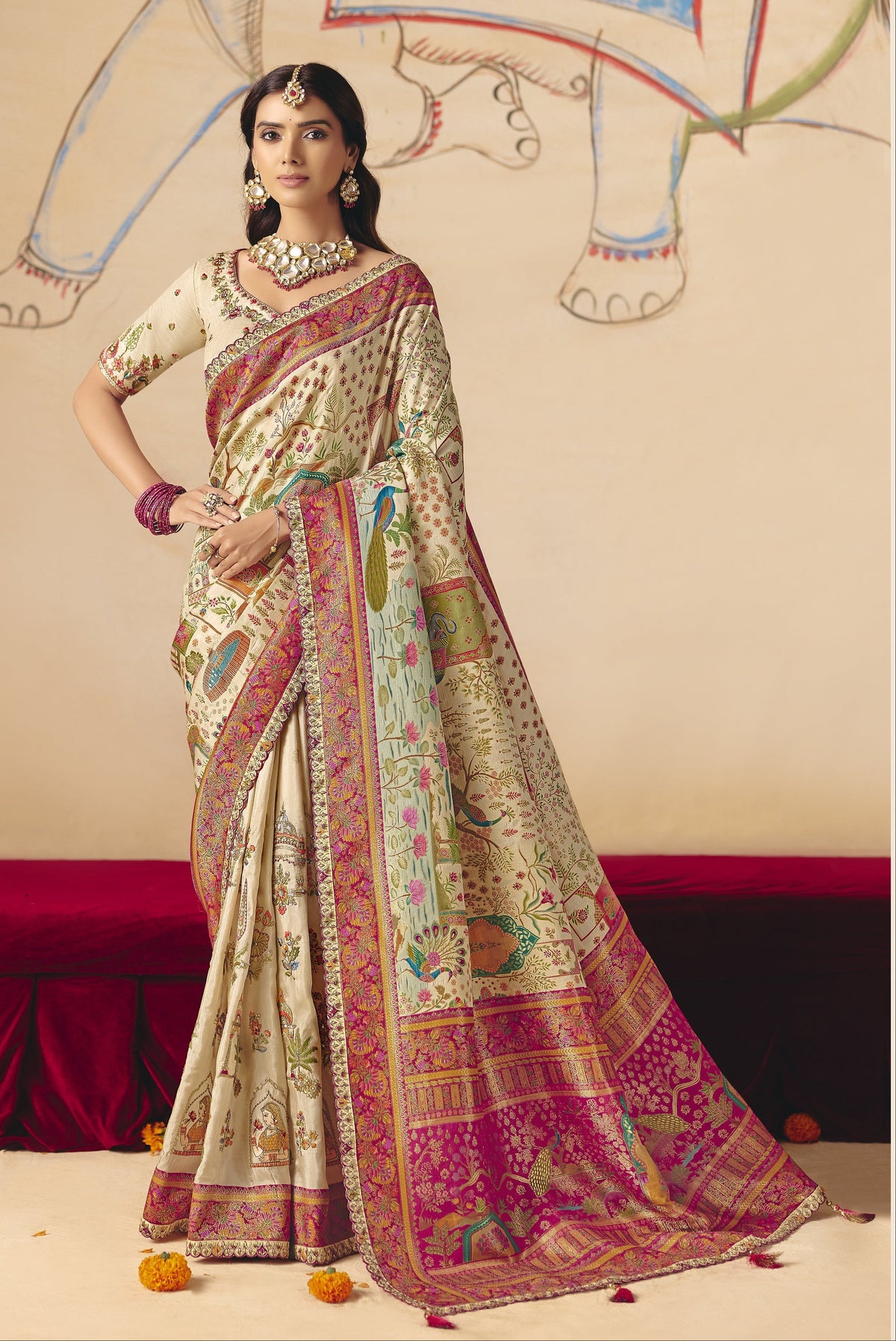 STORI Pearl White Woven Banarasi Silk Saree