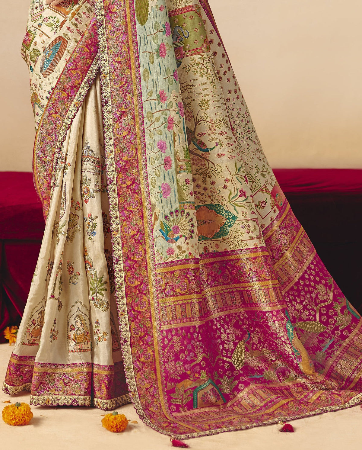 STORI Pearl White Woven Banarasi Silk Saree