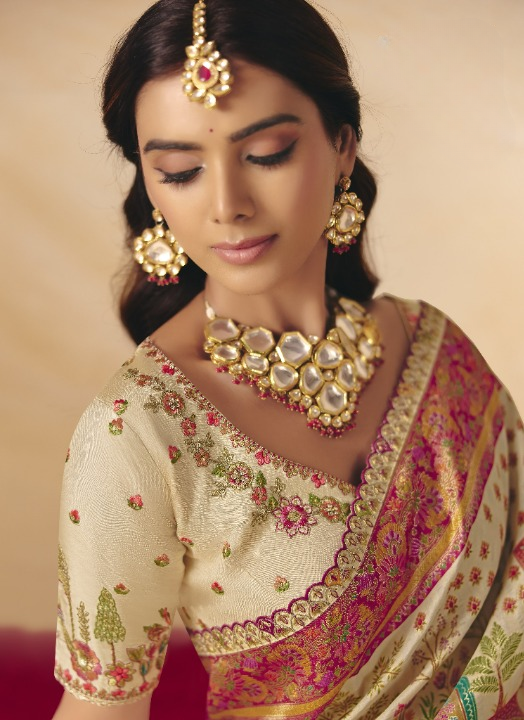 STORI Pearl White Woven Banarasi Silk Saree
