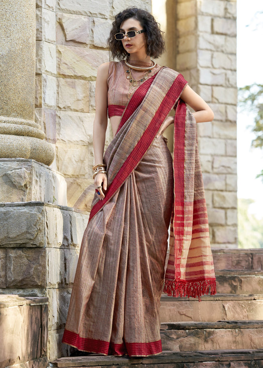Shop Beige Handloom Silk Sarees Online in India & USA - STORI