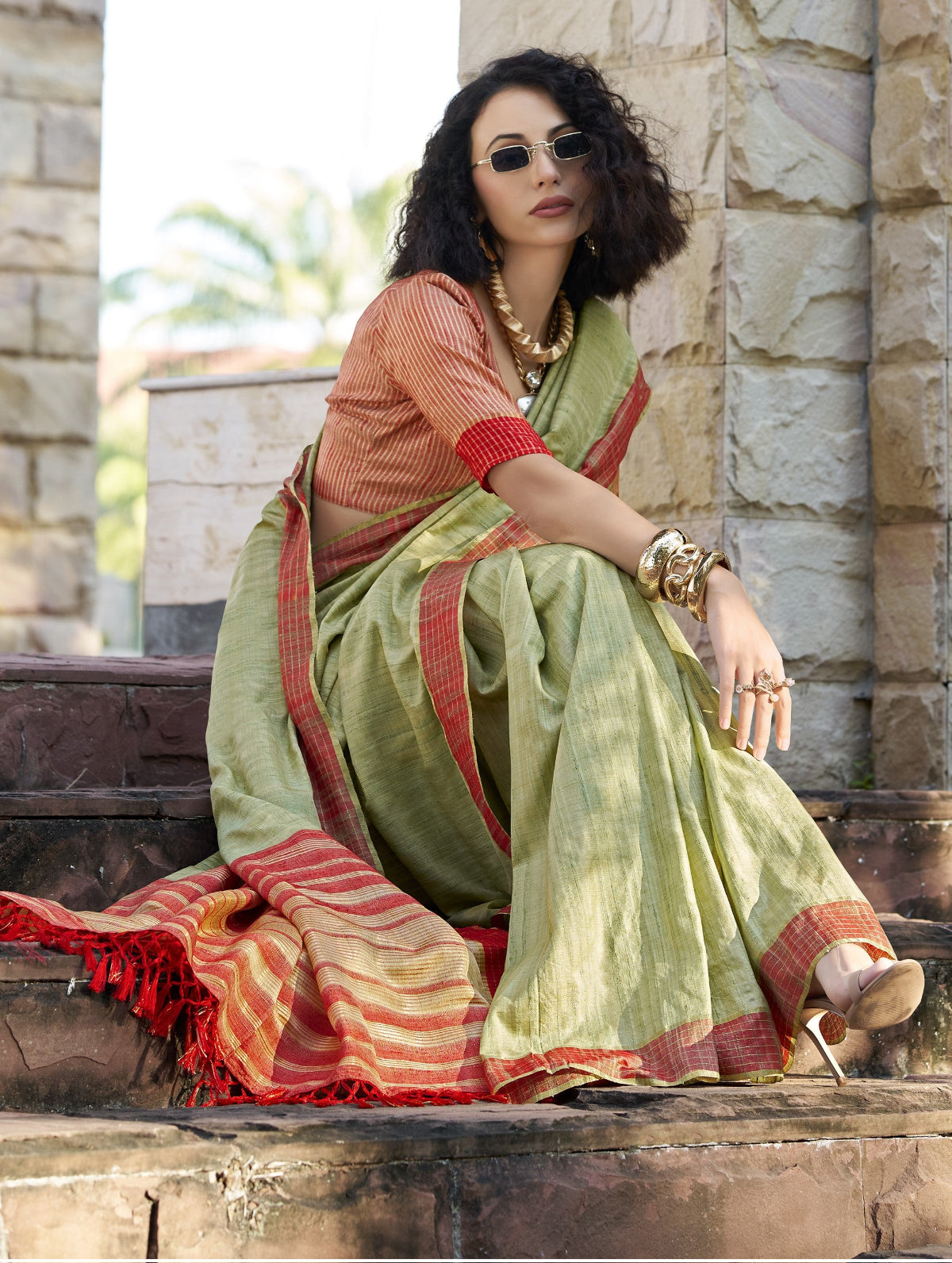 Shop Pear Green Handloom Silk Sarees Online in India & USA - STORI