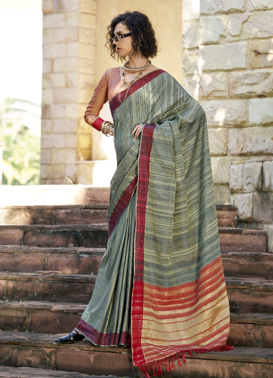 Shop Frosty Green Handloom Silk Saree Online in India & USA - STORI