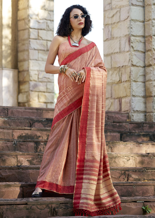 Shop Peach Handloom Silk Saree Online in India & USA - STORI