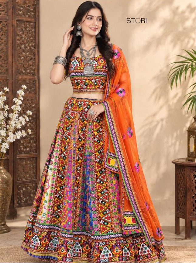 Orange Heavy embroidery Kali pattern Lehenga Choli Set