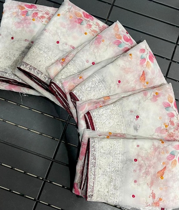 Floral Printed Organza Silk Saree With Chikankari Borders