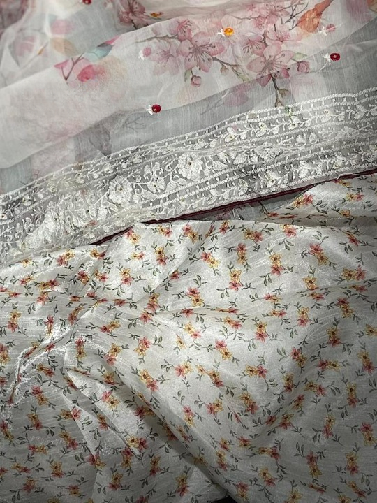 Floral Printed Organza Silk Saree With Chikankari Borders