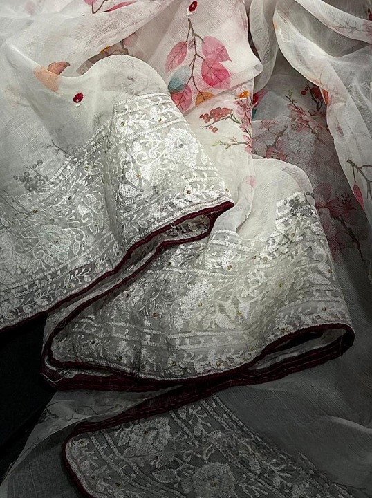 Floral Printed Organza Silk Saree With Chikankari Borders
