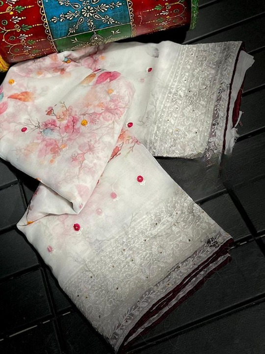 Floral Printed Organza Silk Saree With Chikankari Borders
