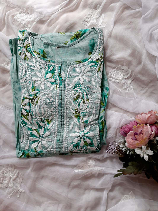 Aashna Sea Green Floral Printed Mulmul Cotton Chikankari Gown