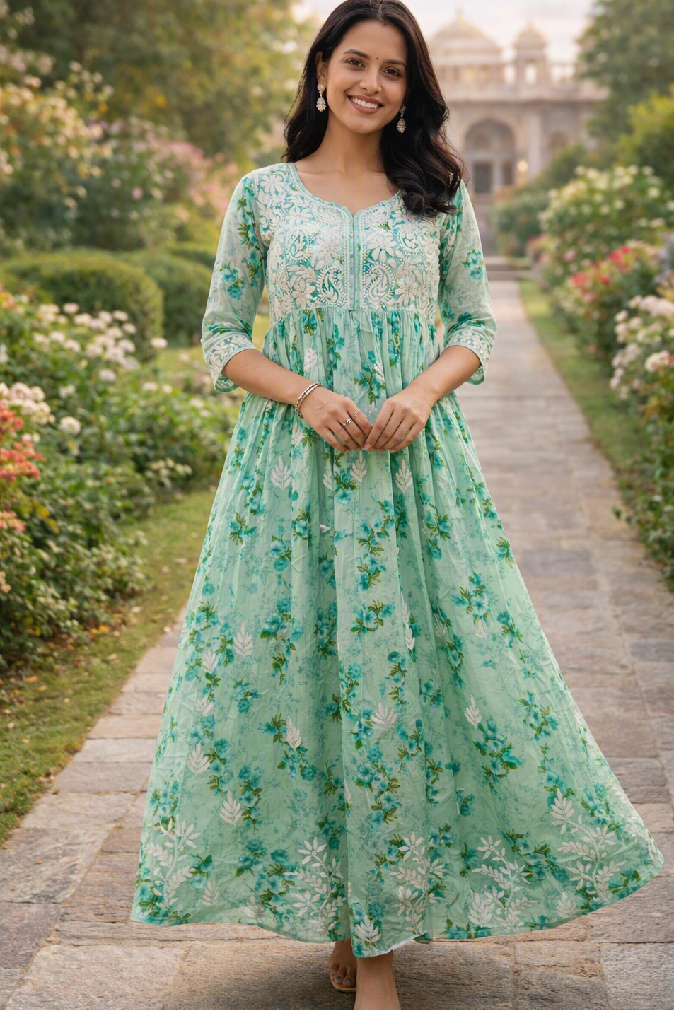 Aashna Sea Green Floral Printed Mulmul Cotton Chikankari Gown