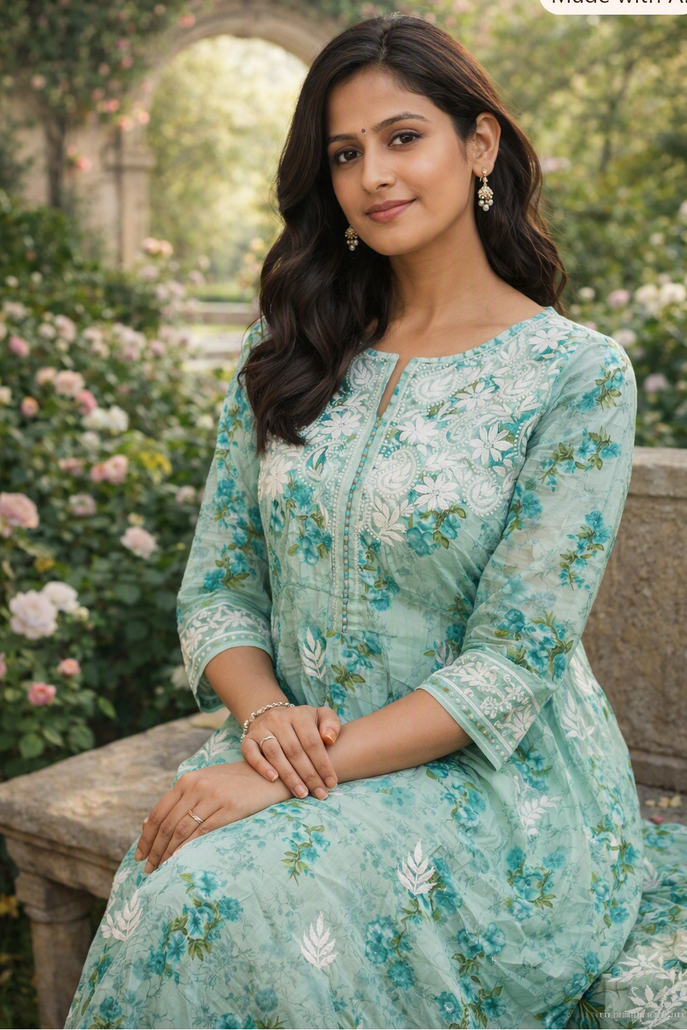 Aashna Sea Green Floral Printed Mulmul Cotton Chikankari Gown