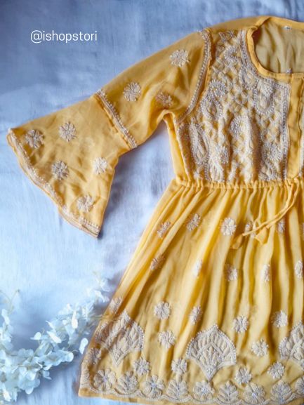 Adila Yellow Short Georgette Chikankari Kurti With Bell Sleeves