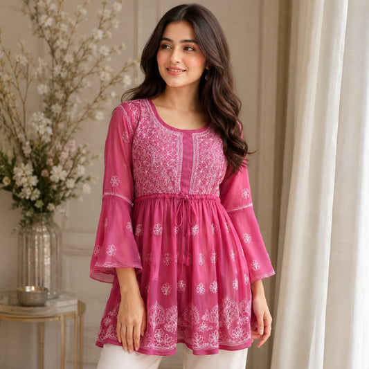 Adila Bright Pink Short Georgette Chikankari Kurti With Bell Sleeves
