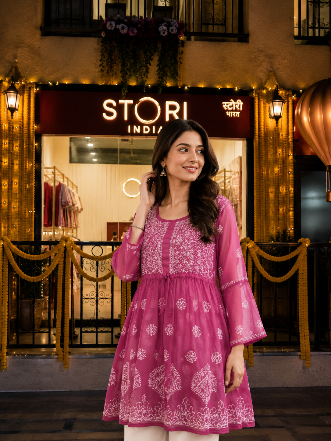 Adila Bright Pink Short Georgette Chikankari Kurti With Bell Sleeves1