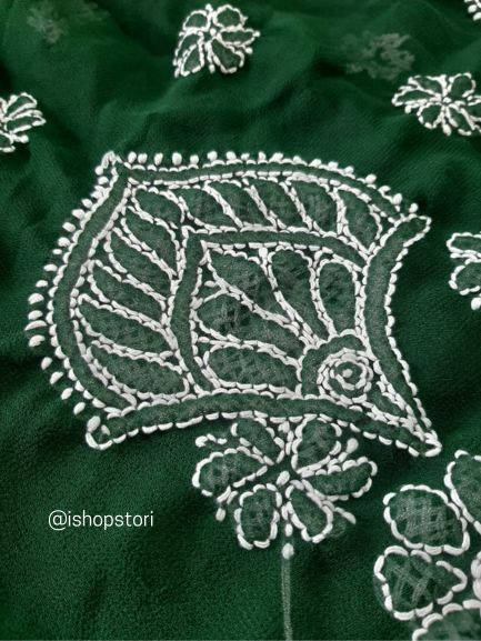 Adila Pine Green Short Georgette Chikankari Kurti With Bell Sleeves