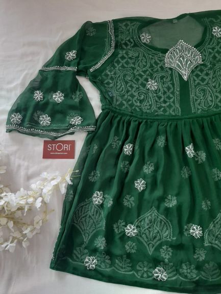Adila Pine Green Short Georgette Chikankari Kurti With Bell Sleeves