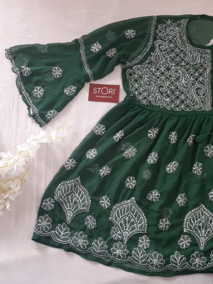 Adila Pine Green Short Georgette Chikankari Kurti With Bell Sleeves