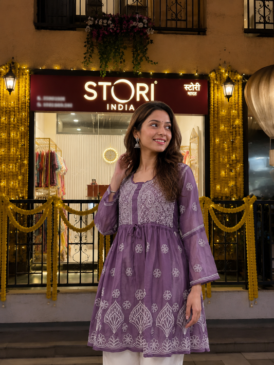 Adila Mauve Short Georgette Chikankari Kurti With Bell Sleeves