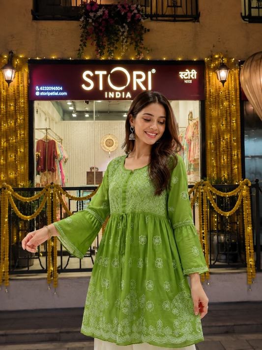 Adila Parrot Green Short Georgette Chikankari Kurti With Bell Sleeves