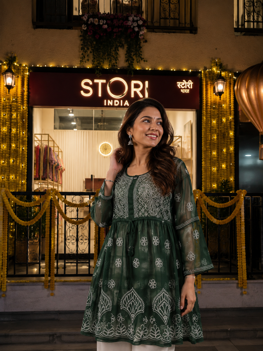 Adila Pine Green Short Georgette Chikankari Kurti With Bell Sleev